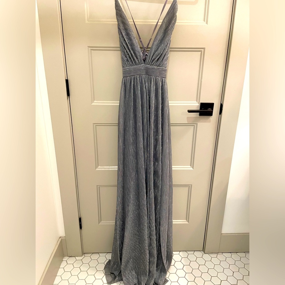Luxxel, Silver formal, spaghetti strap, long dress.